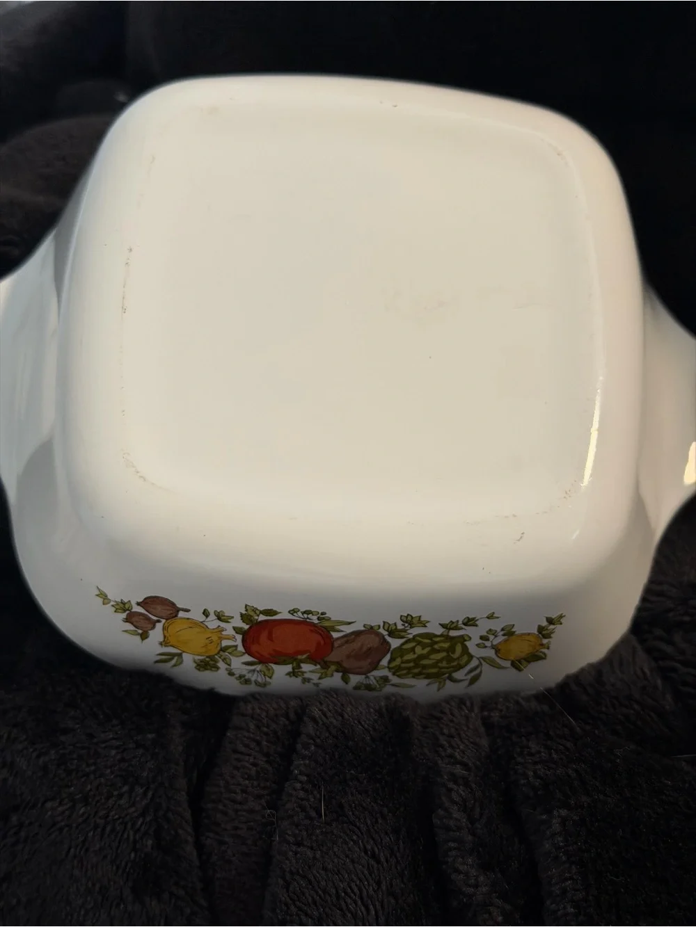 Corningware White Casserole Dish with Fruit and Vegetable Motif